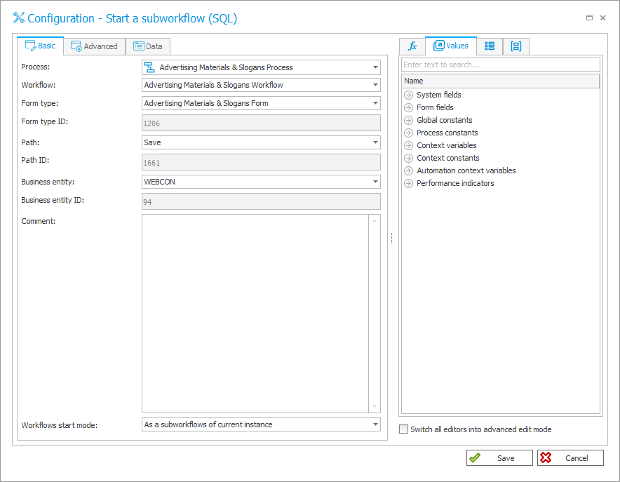 Start a subworkflow (SQL) Basic